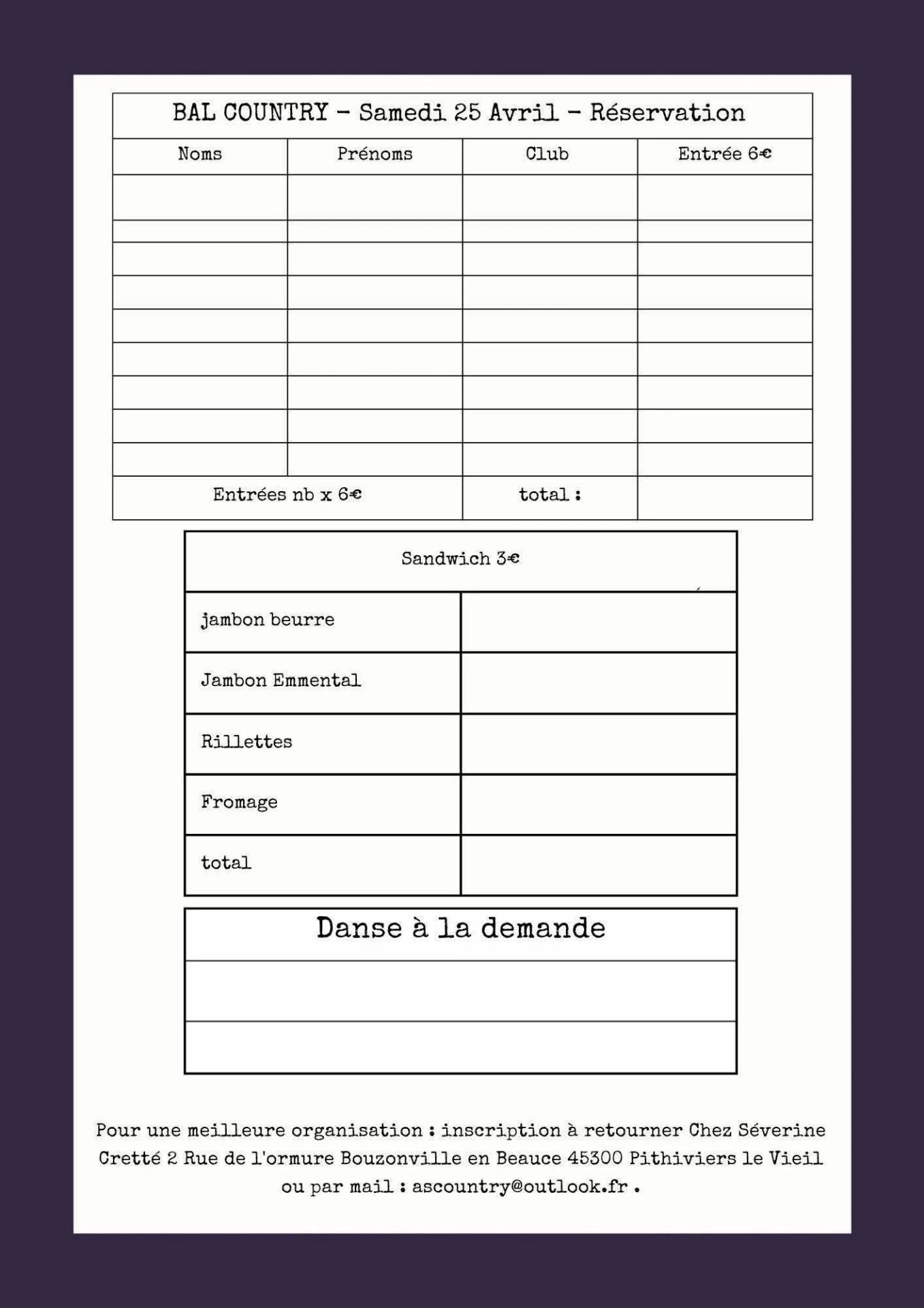 Fiche réservation AS Country